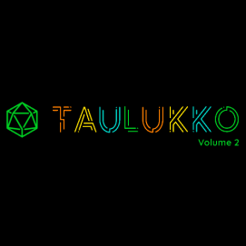 Logo do Taulukko Volume 2, com letras coloridas parecendo um labirinto e um dado de 20 faces.
